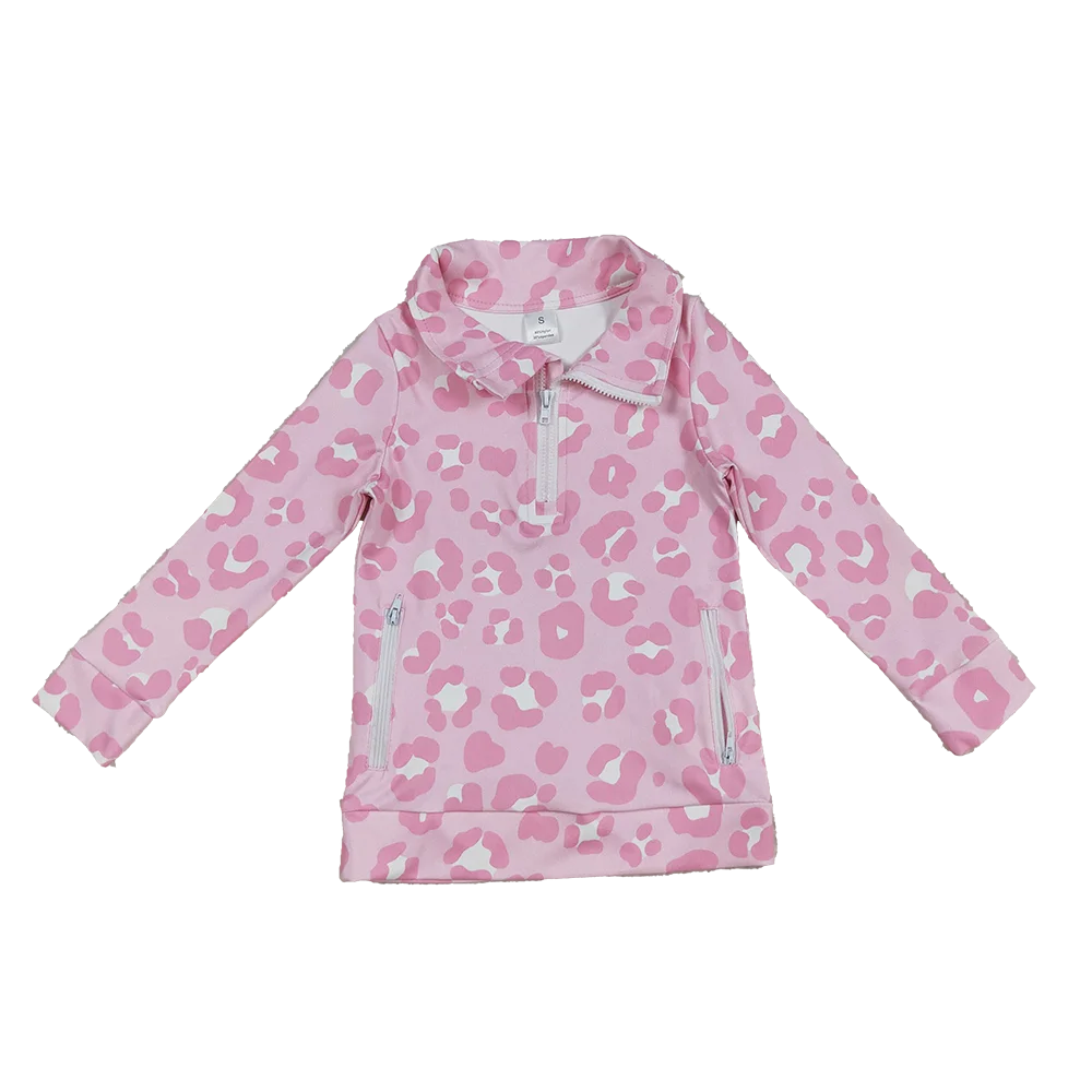 

9.22 Wholesale Hot Sale Western Boutique children clothing Baby Girls Pink Leopard Pockets Zipper Yoga Activite Jackets Top