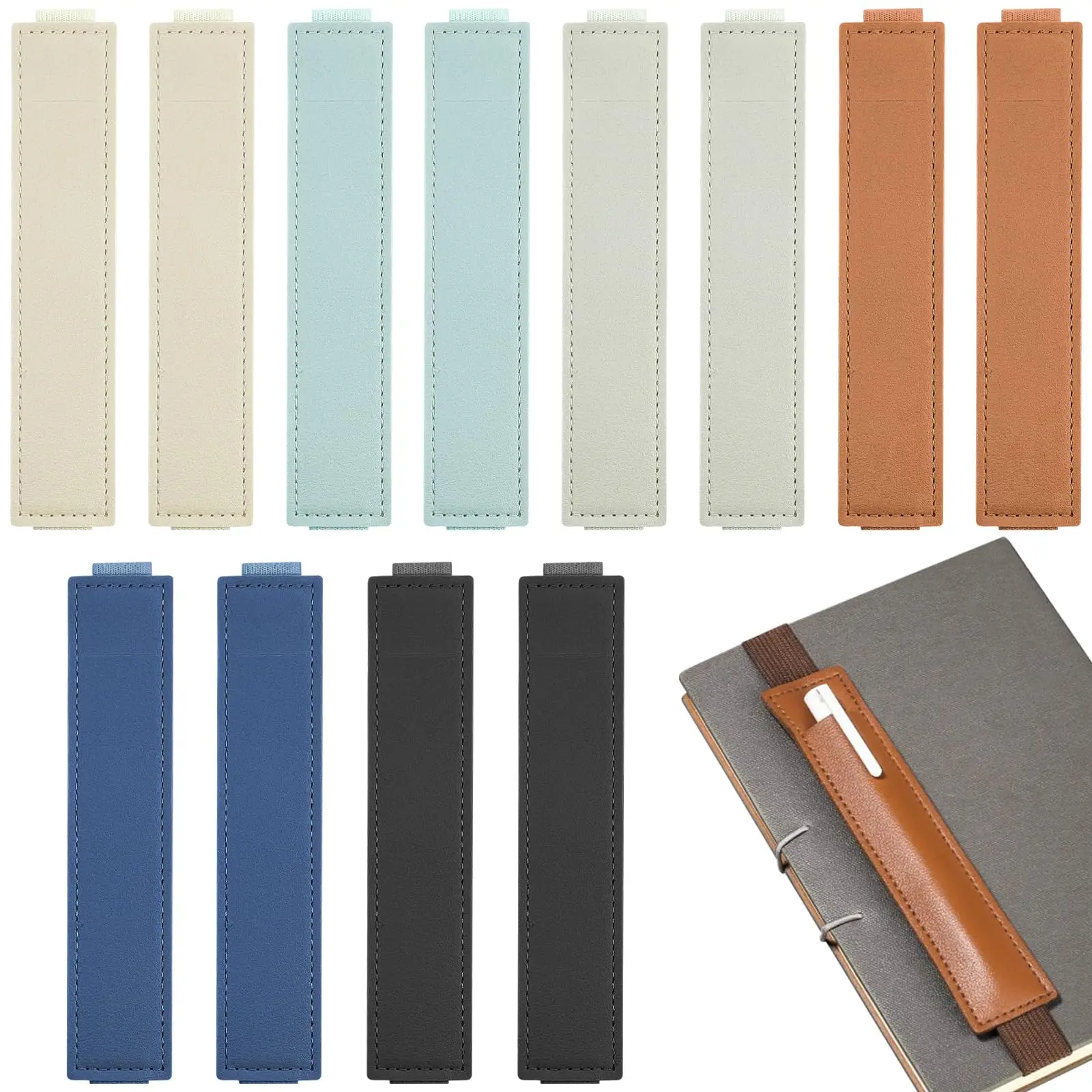 Portable Pu Leather Pen Bag Elastic Buckle Leather Pocket Case with Elastic Band for Office Meeting Easy Carry Office Stationery