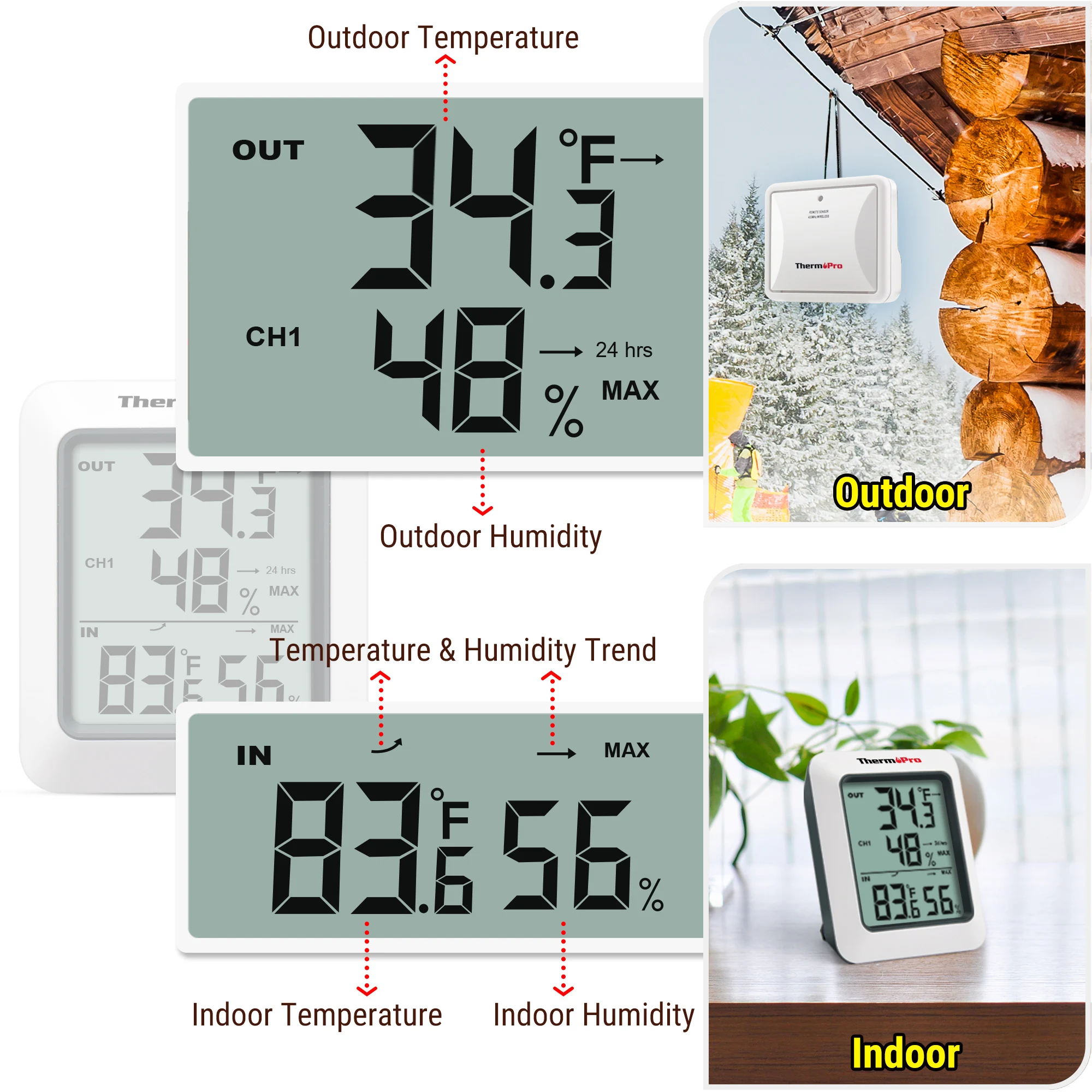 ThermoPro TP60C 60M Wireless Digital Room Indoor Outdoor Thermometer Hygrometer Weather Station For Home