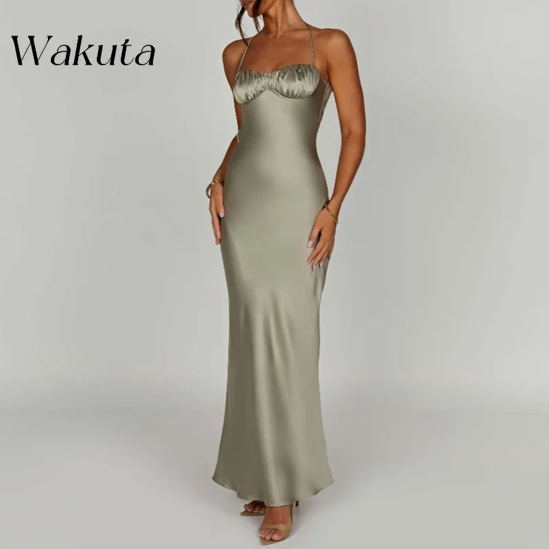 WAKUTA Fashion Halter Hanging Sleeveless Strapless Evening Gowns Solid Backless Cocktail Ball Evening Vestidos Estido De Fiesta