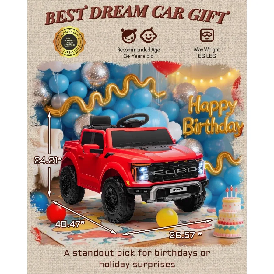 Licencjonowany Raptor 12V, elektryczny samochodzik dla dzieci, zabawki do jazdy dla dzieci z pilotem, pojazd elektryczny dla malucha z płynnym sterowaniem.