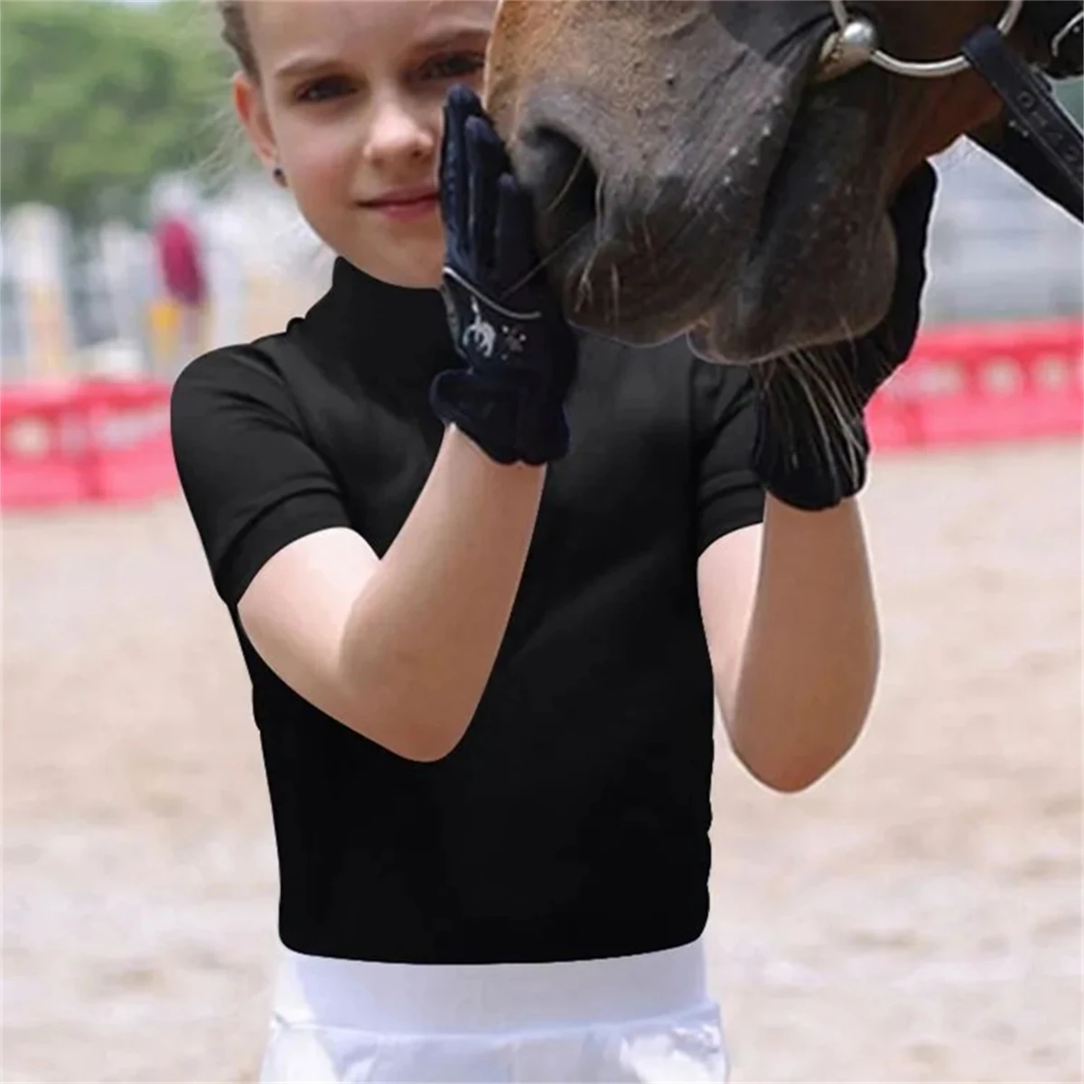 LLLION Summer Short Sleeve Equestrian Shirts Girls Breathable Zipper Sport T-Shirt Chirldren Riding Horse Tops Girls