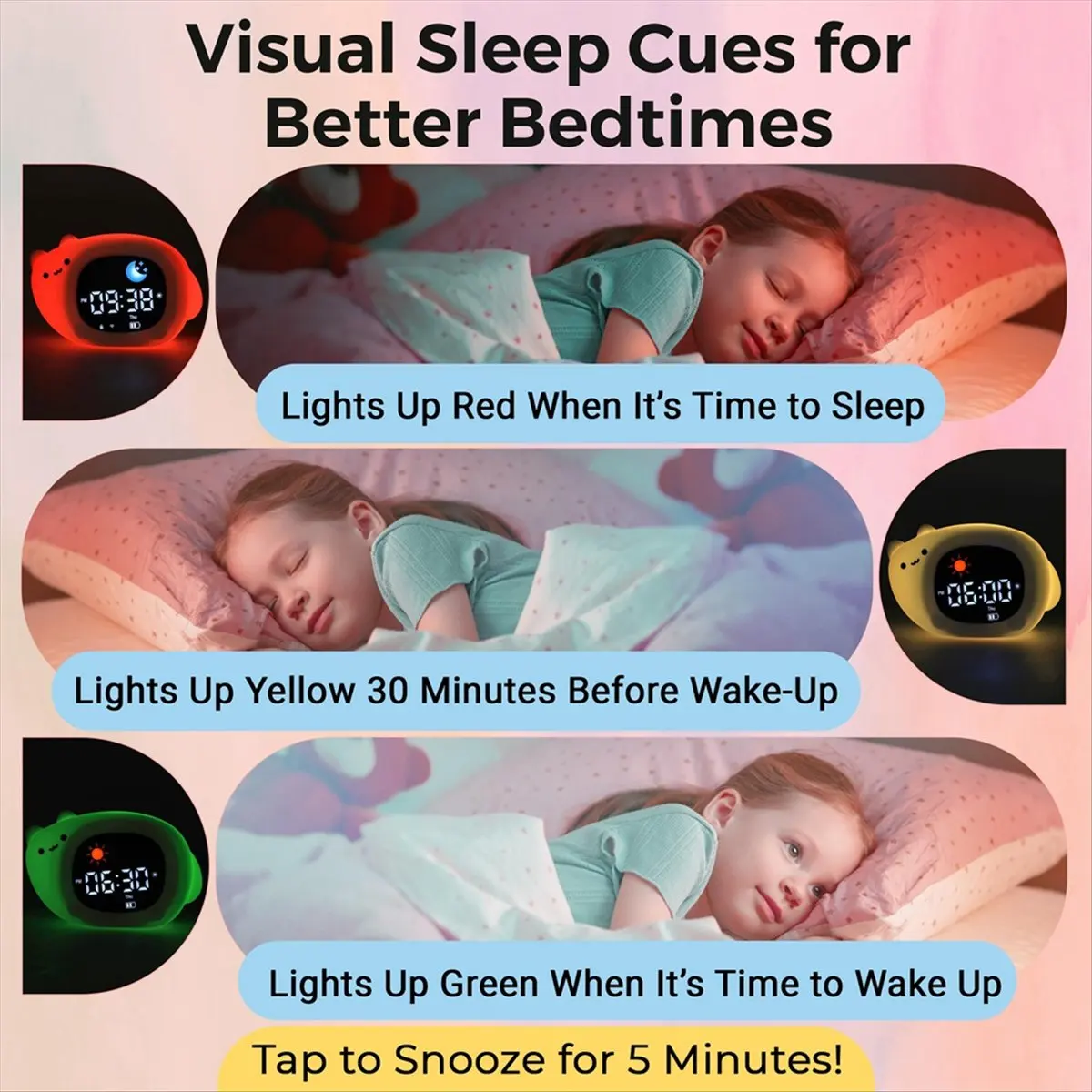 [Vend for]Controlled Clock for Kids + Nightlight + Sound Machine - Color Changing Light, USB Plug, 12/24H, Routine Trainer