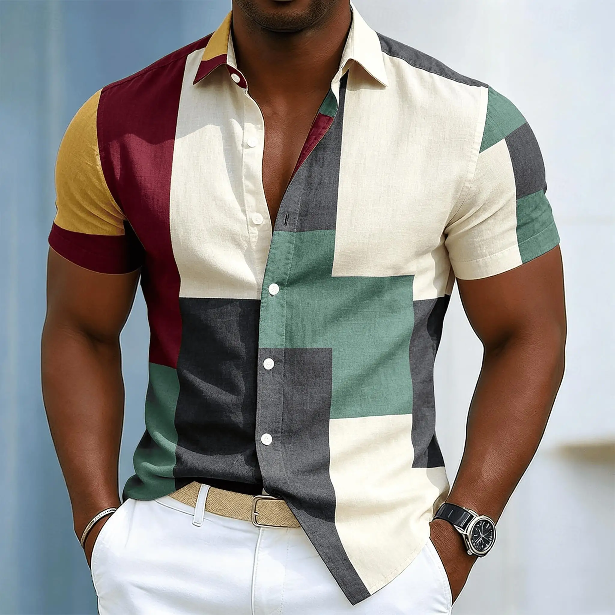 Herren Retro Farbblock-Hemd mit Knöpfen, Mehrfarbiges Patchwork mit geometrischem Muster, Kurzarm-Freizeithemd für Frühling & Sommer