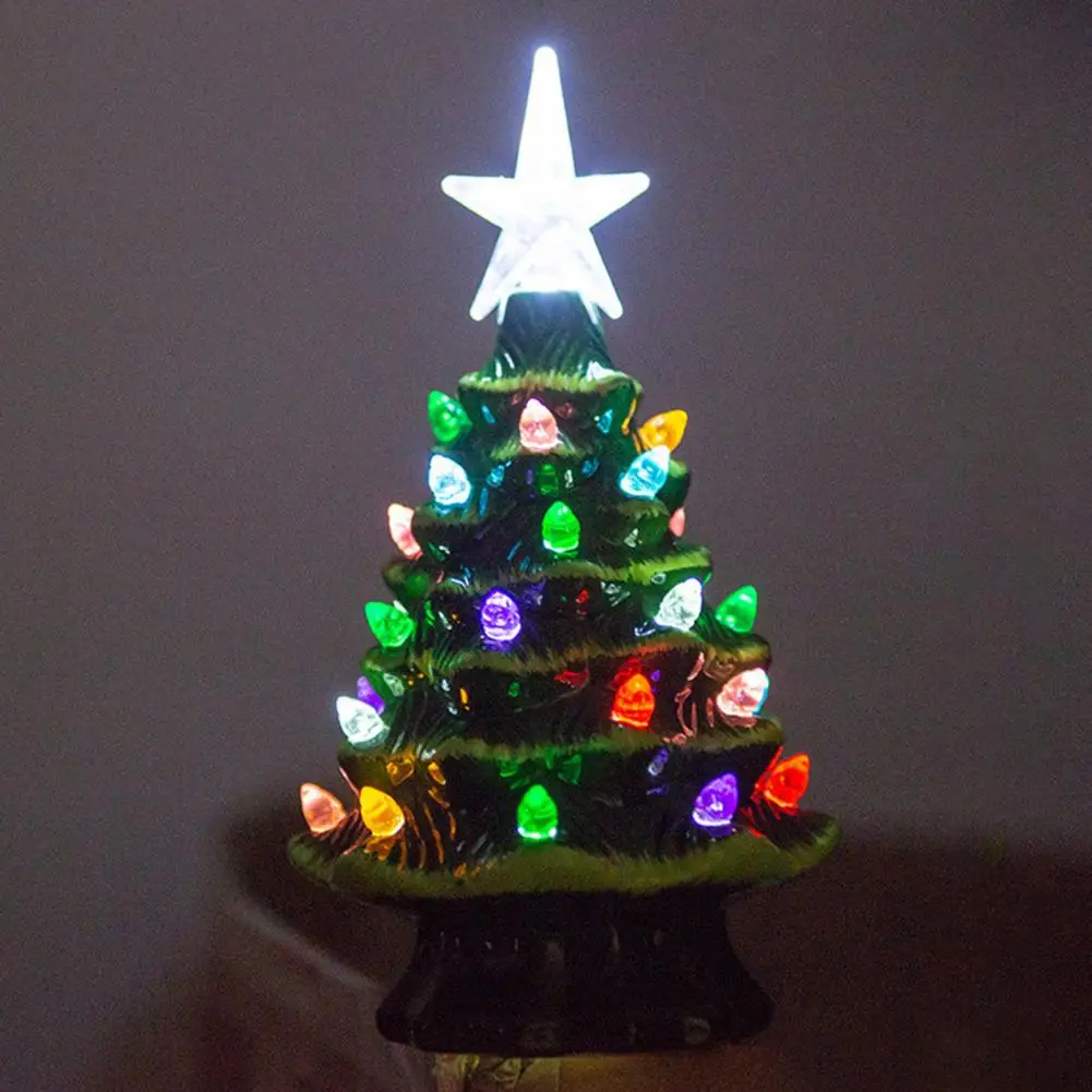 Mini Ceramic Christmas Tree Figurine Colorful LED Light-up Xmas Tree Statue Sculpture Home Office Desktop Ornament Decoration