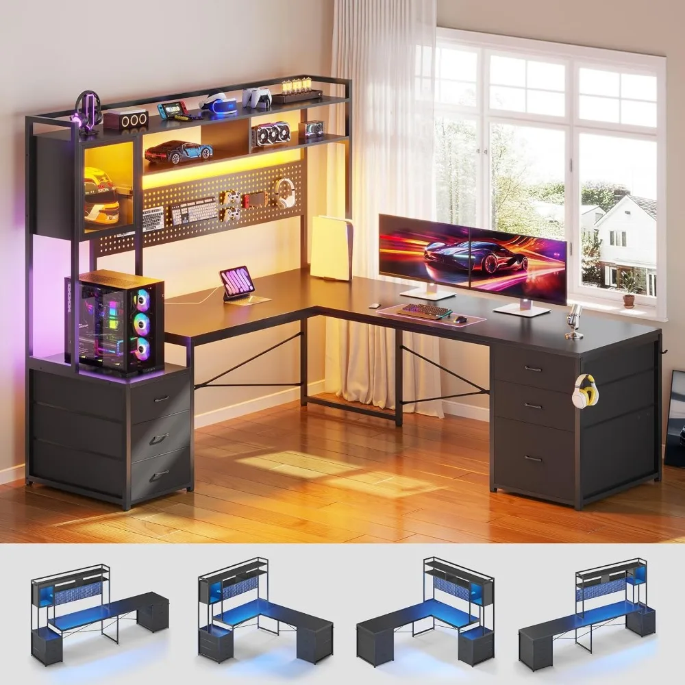 L-Shaped Gaming Desk with Drawers, Reversible Corner Desk for Home Office, File Drawer, Storage Shelves, Ergonomic Design
