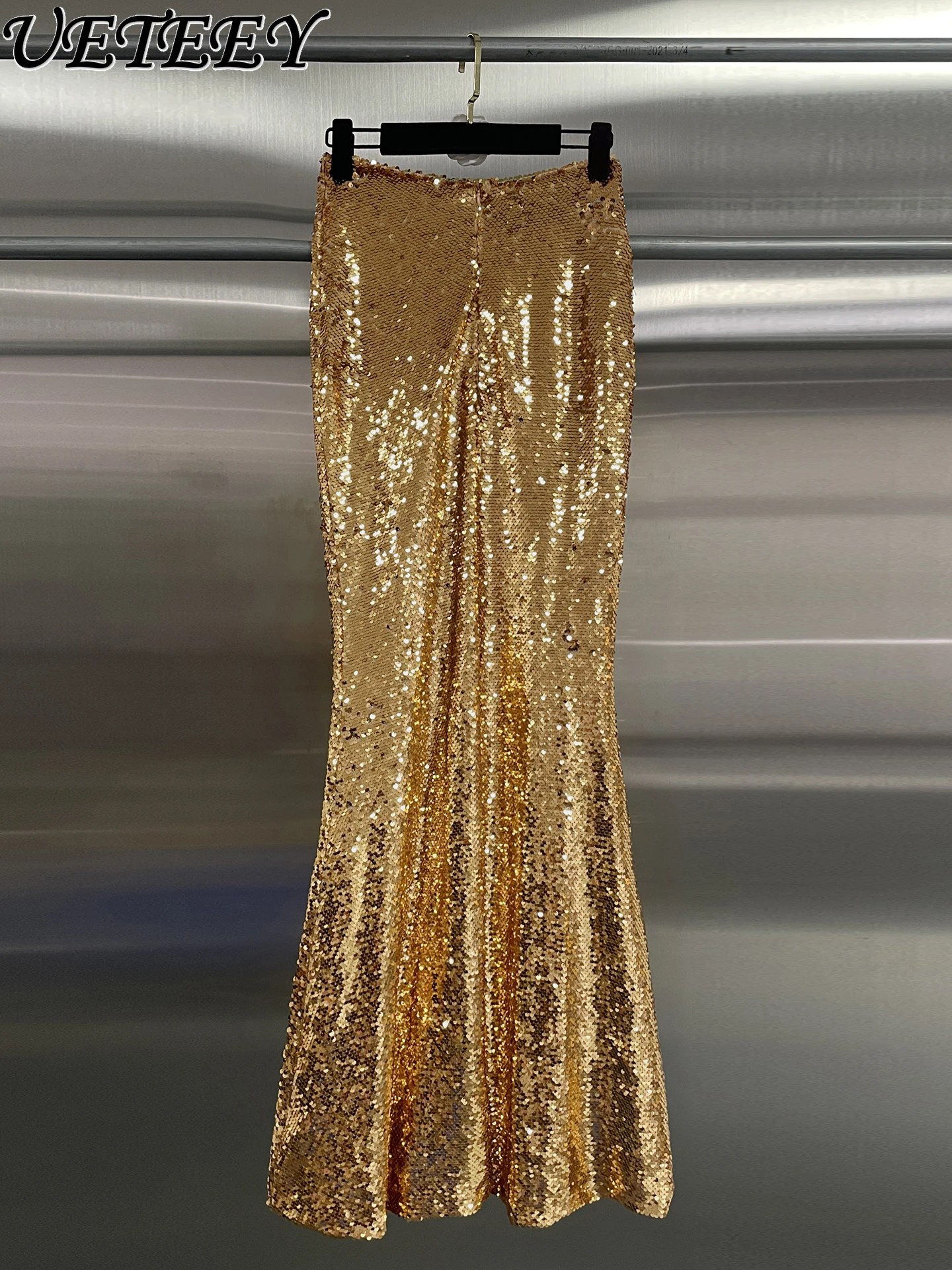 Light Luxury Fashion Bodycon Mermaid Long Skirt Autumn New Sparkling Gold High Waist Slimming Sequin Maxi Skirts for Women