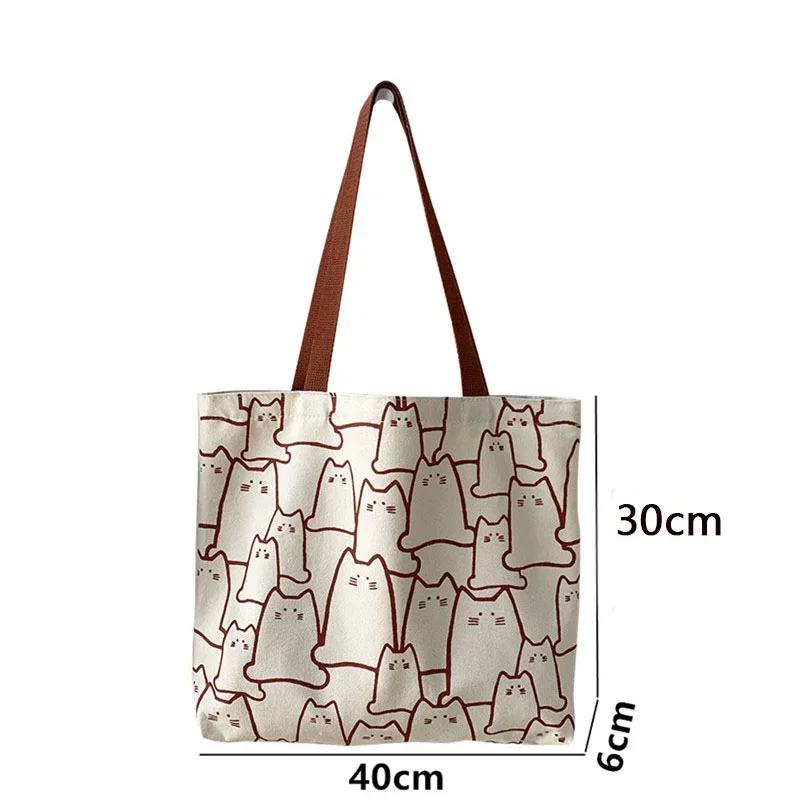 Canvas Handbag For Women 2023 Fashion Cute Cat Tote Messenger Bags With Zipper Designer Bag Ladies Cartoon Shoulder Shopper Bags