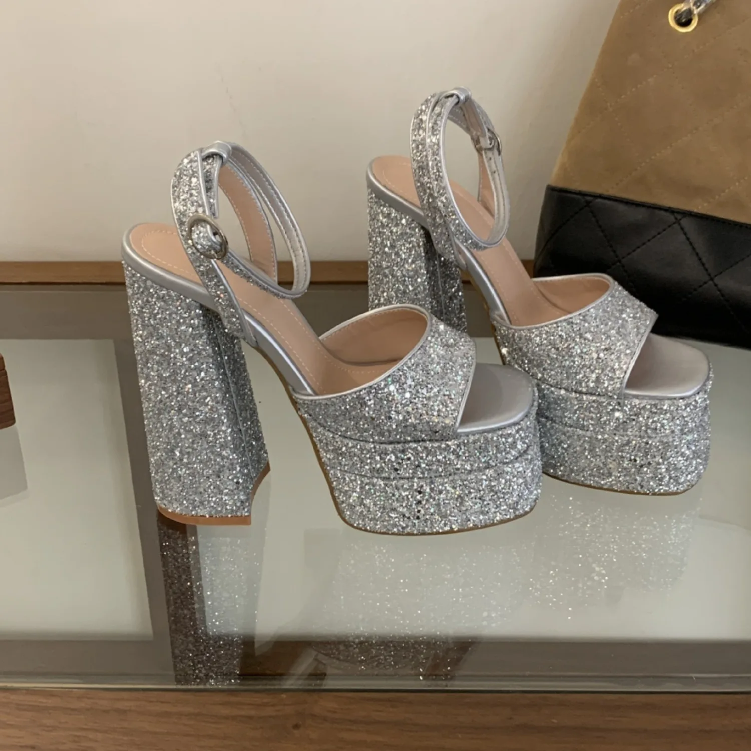 

New Glitter Open Toe Platform Sandals, 15CM Block Heel Ankle Strap High Heels for Fashion Show Nightclub Daily Party Occasions