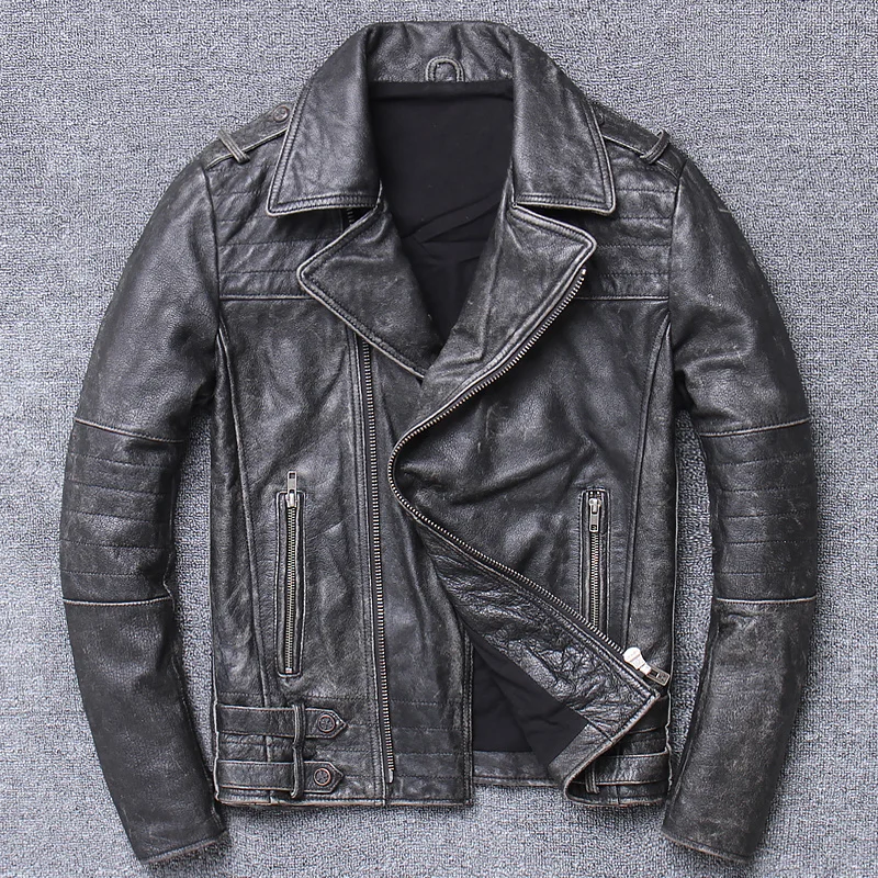 shipping.Men quality Vintage Free rider cowhide jacket.Gray Slim leather jacket.motor biker fashion leather cloth.Cool Short