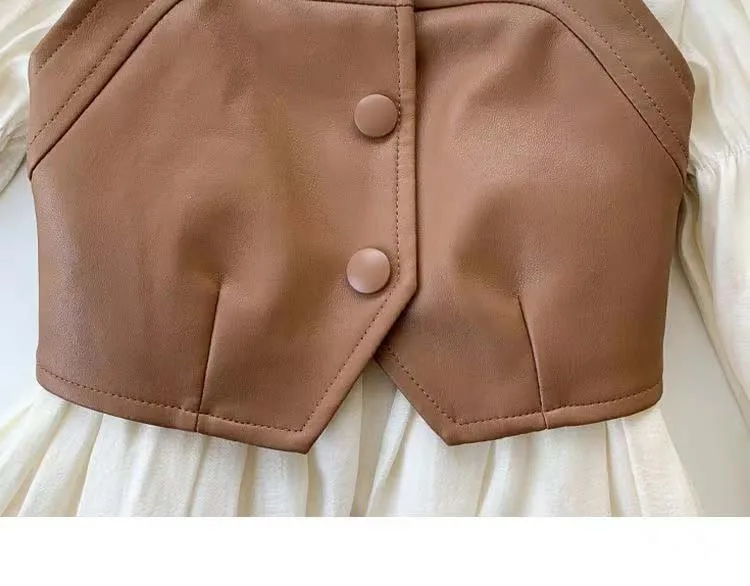 Frühling Herbst Mädchen Kleid Set Langarm Kinder Retro Pu Leder Weste Kleid Set Teenager-Mädchen Kleidung Anzug 4 6 8 12y – Detail 4