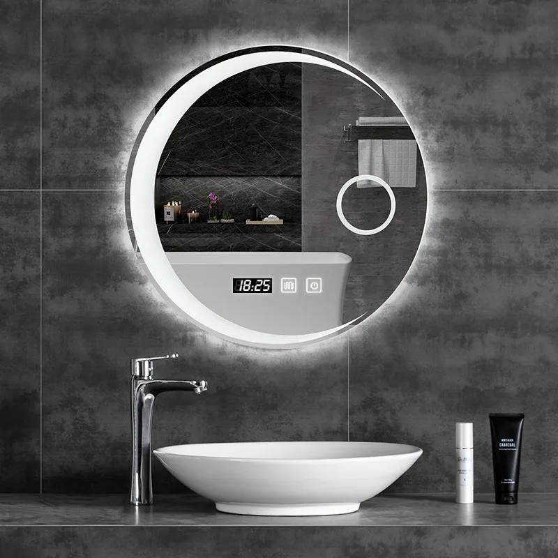 60cm 70cm 80cm LED Lights Moon mirror High Quanlity Reflection Silver Mirror With Black Steel Frame Round Bathroom Mirror