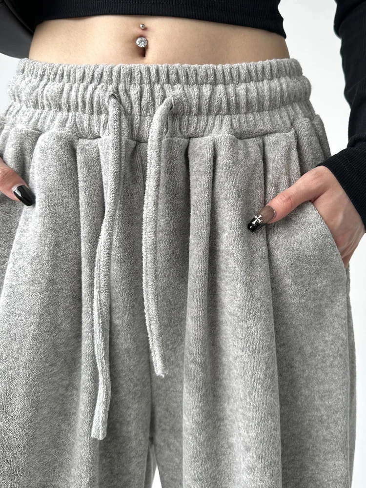 

Вязаные широкие брюки с высокой талией, женские мягкие брюки-полотенца с поясом, повседневные спортивные штаны длиной до пола, весна-осень для отдыха