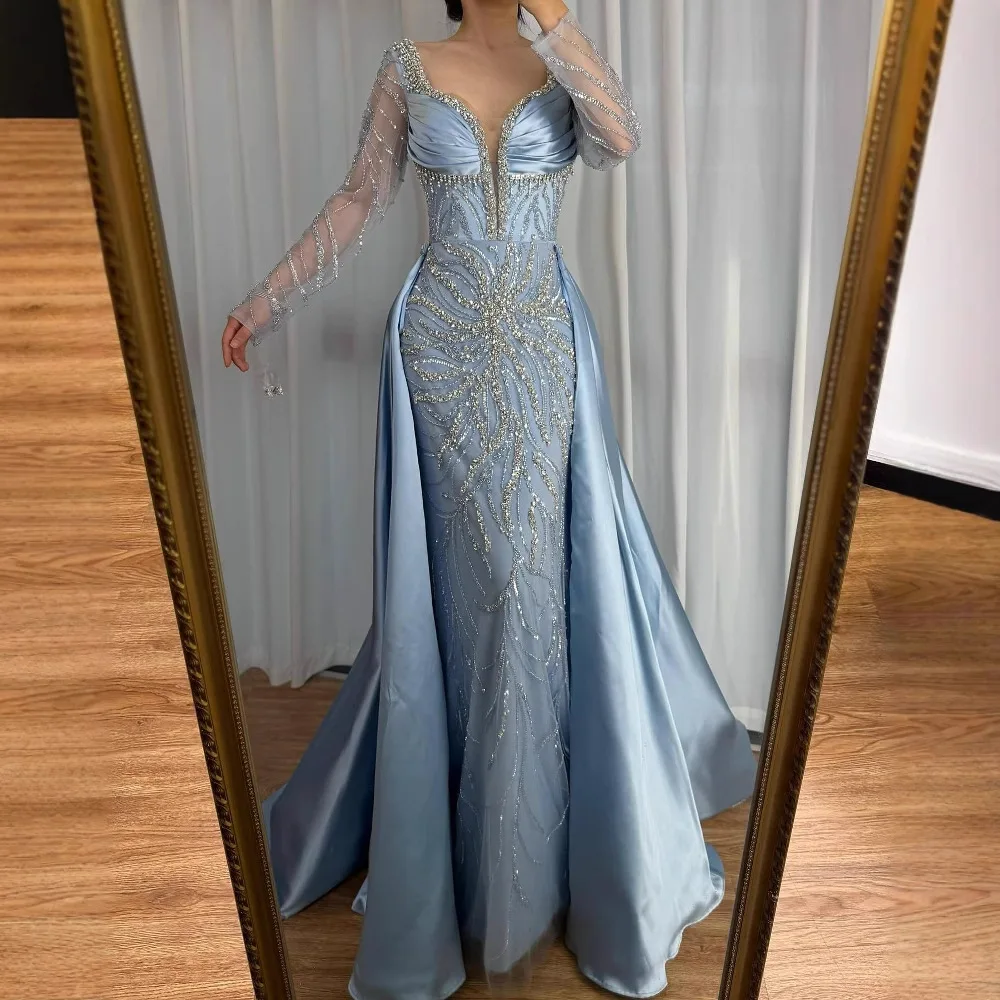 Luxury Designer Blue Beaded Evening Dress with Long Sleeves Gown for Women  Wedding Party LA72963 Customized Serene Hill - AliExpress 320