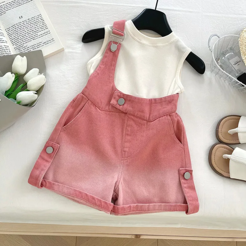 

Children's Outfit New Summer Girl Baby Fashion Stylish Gradient Denim Strap Short Sleeve Shorts Two-Piece Set Trendy