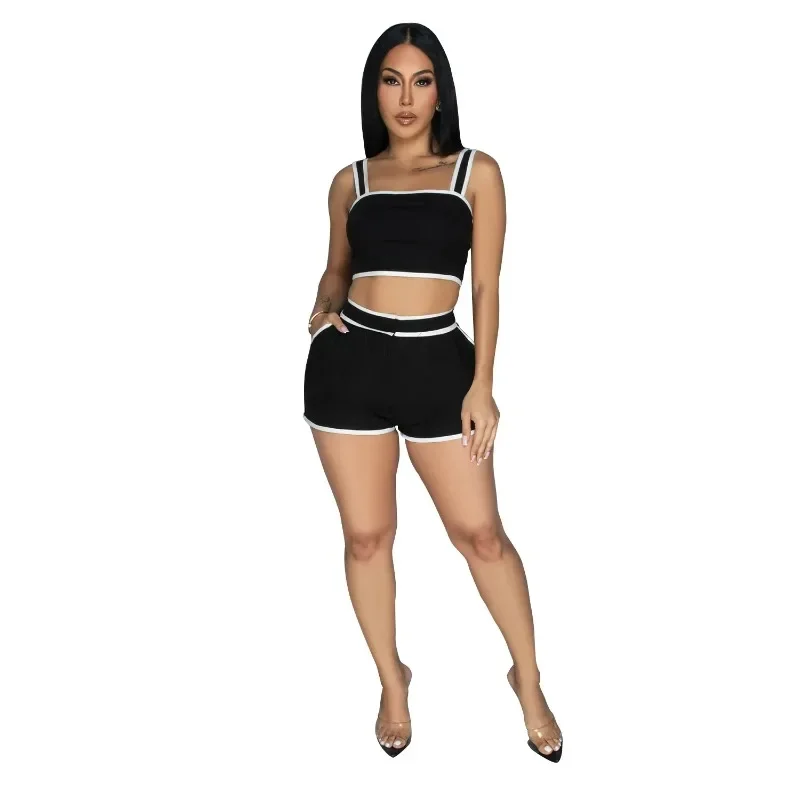 Black White Contrast Color Women Sets Sporty Fitness Shorts Suits Jogging Tracksuits Concise Casual Two Piece Sets 2025