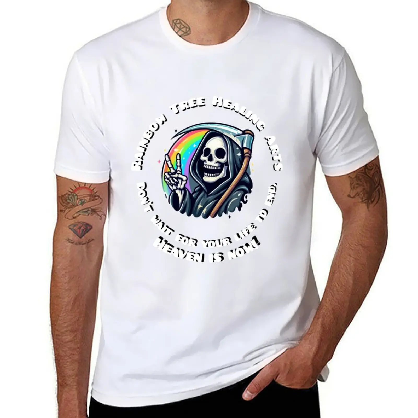 

Rainbow Tree Healing Arts Heaven is Now Reaper Logo T-Shirt man t shirt cotton high quality man t shirts graphic T-Shirt