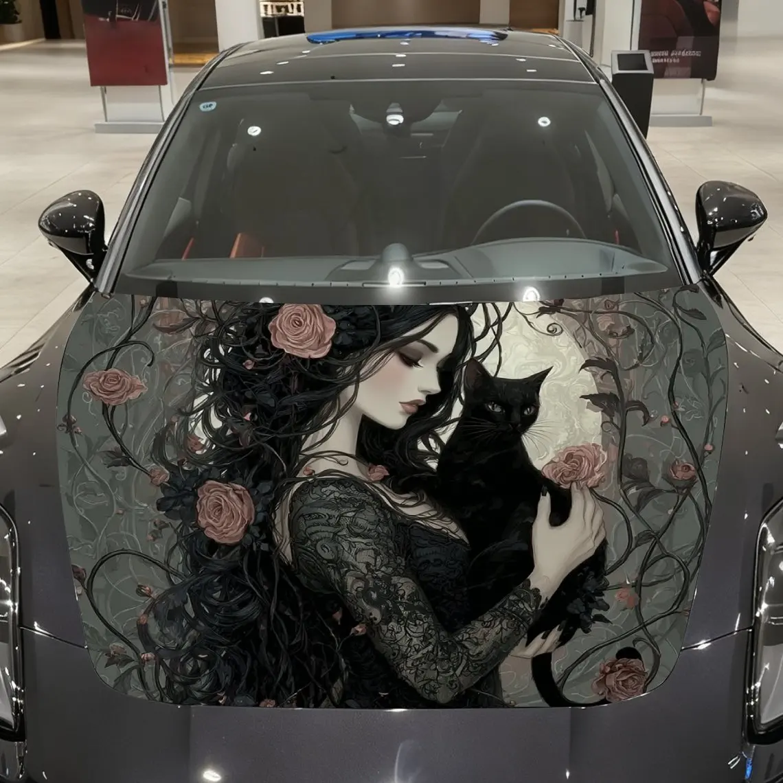 

Gothic Witch And Cat Car Hood Vinyl Packaging-waterproof, Scratch Resistant, Self-adhesive Sticker, Red And Black Design, Durabl