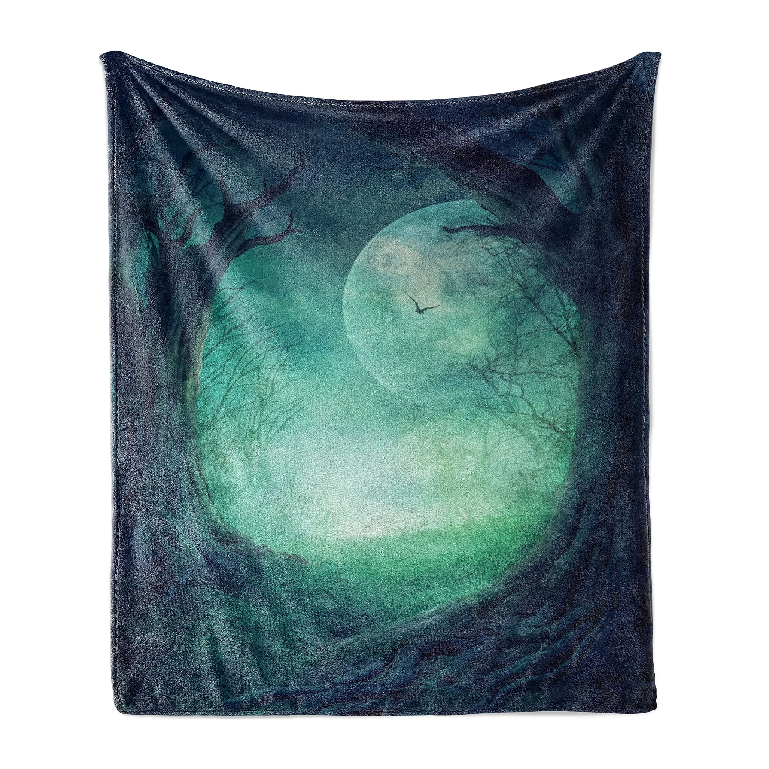 Gothic Throw Blanket,Misty Horror Image of Autumn Valley with Woods Spooky Tree and Full Moon Scenery Flannel Blanket for Adult