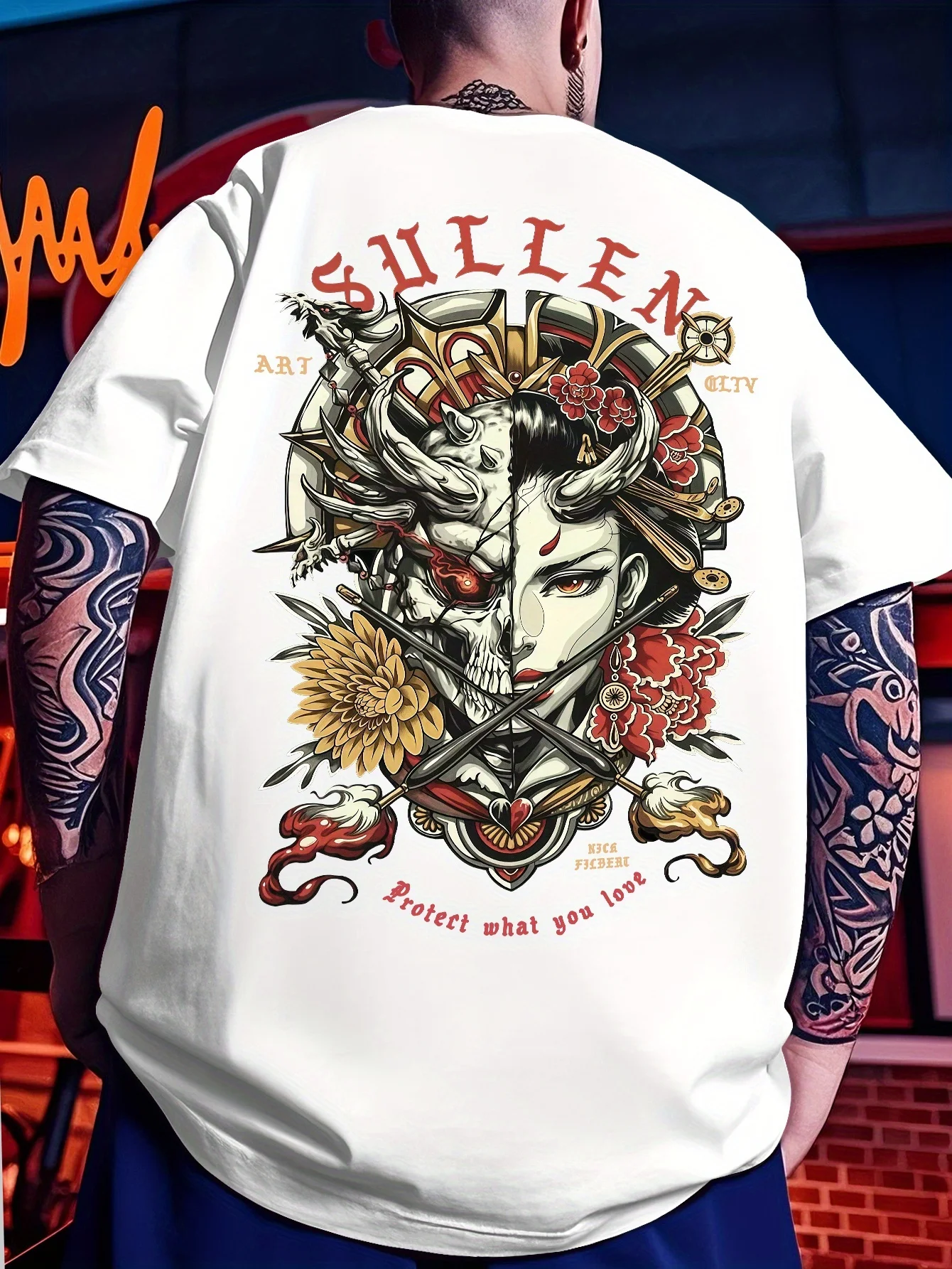 Sullen Clothing Men's Nick Filbert Standard T-Shirt Tattoo Art Graphic Tee Dual Face Floral Motif Streetwear Summer Short Sleeve