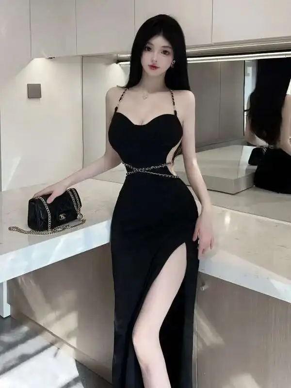WOMENGAGA ชุดไนท์คลับเซ็กซี่เซ็กซี่สาวเผ็ด Hollow Out เอว High Slit Halter คอ Backless ชุดยาวสีดําผู้หญิง I1Y1