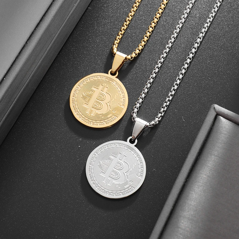 Stainless Steel Bitcoin Coin Pendant Collectible Art Necklace for Men Fashion Charm Jewelry Birthday Gift