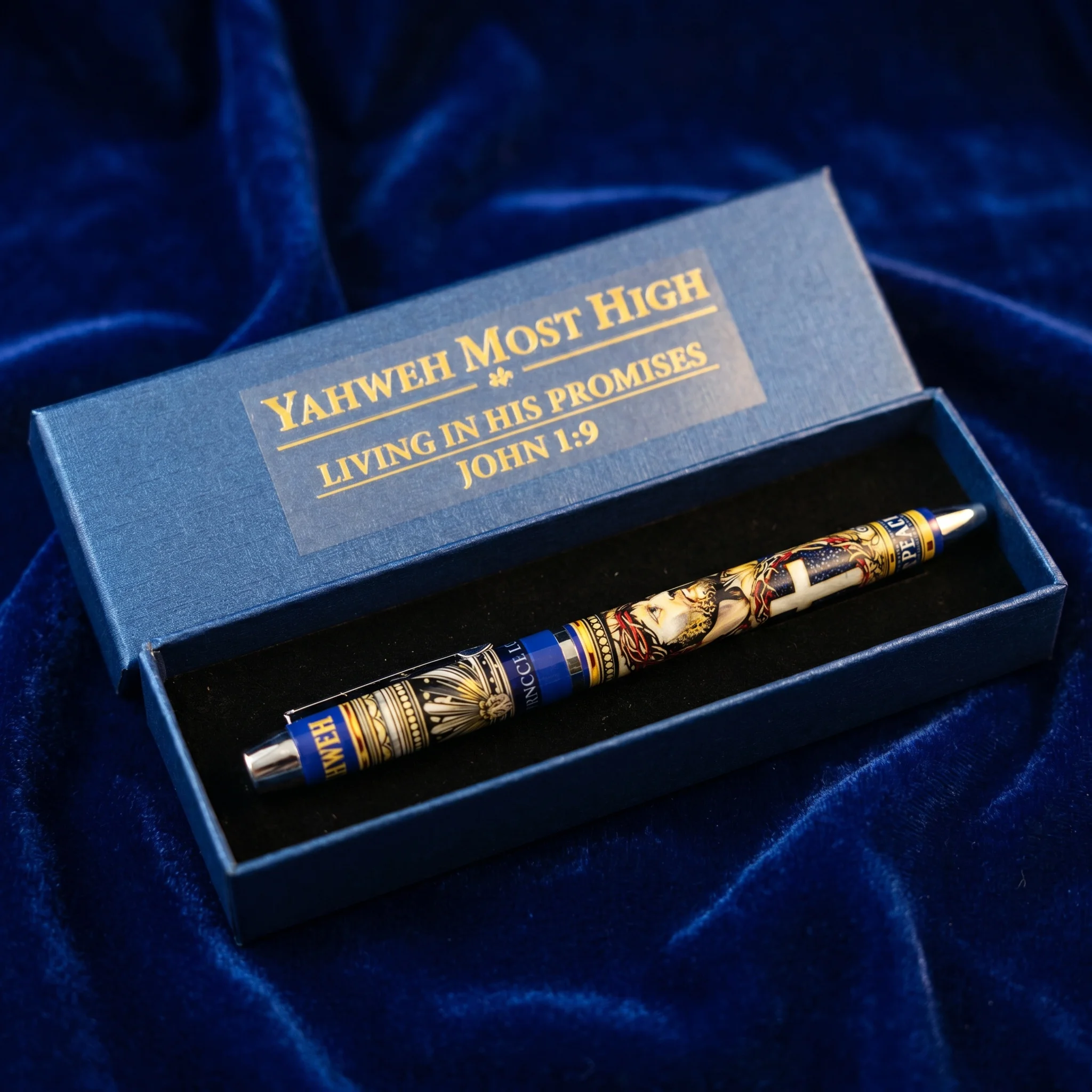 The Christian Jesus Cross Circular Pen Set Is a Writing Tool Gift. The Box Is Printed with Bible Scriptures on Its Surface.
