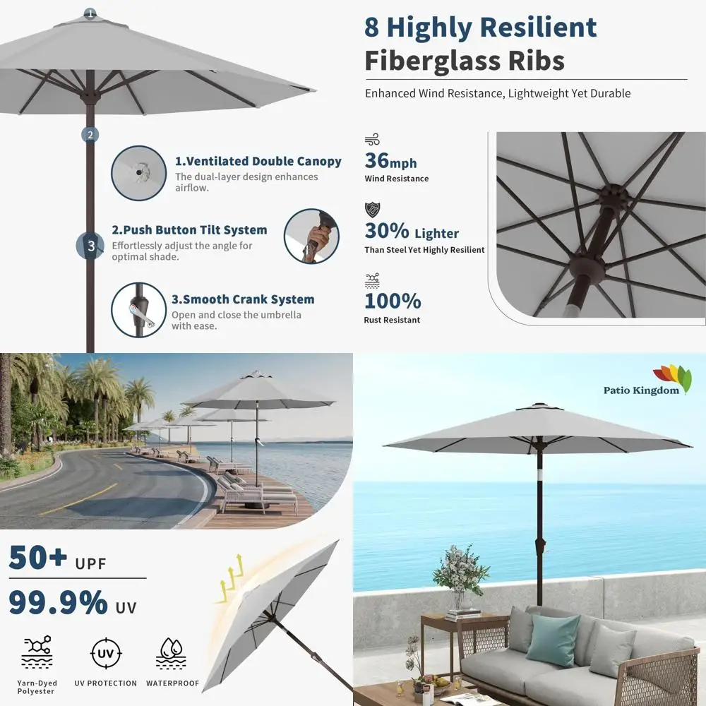 

9FT Waterproof Patio Umbrella with Push Button Tilt & Crank, UV-Resistant, 8 Ribs, Ideal for Outdoor Spaces in Light Gray