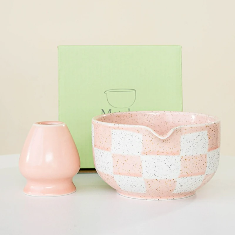 Tazón de Cerámica para Matcha con Patrón a Cuadros, Gran Capacidad, Resistente a Altas Temperaturas, Taza para Preparar Té Verde, Herramienta para la Ceremonia del Té, Novedad 2025