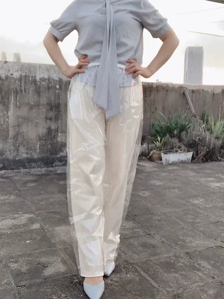 

Elastic Waist Loose Plus Size Pants, Adult PVC Transparent Rainproof Waterproof Plastic Trousers