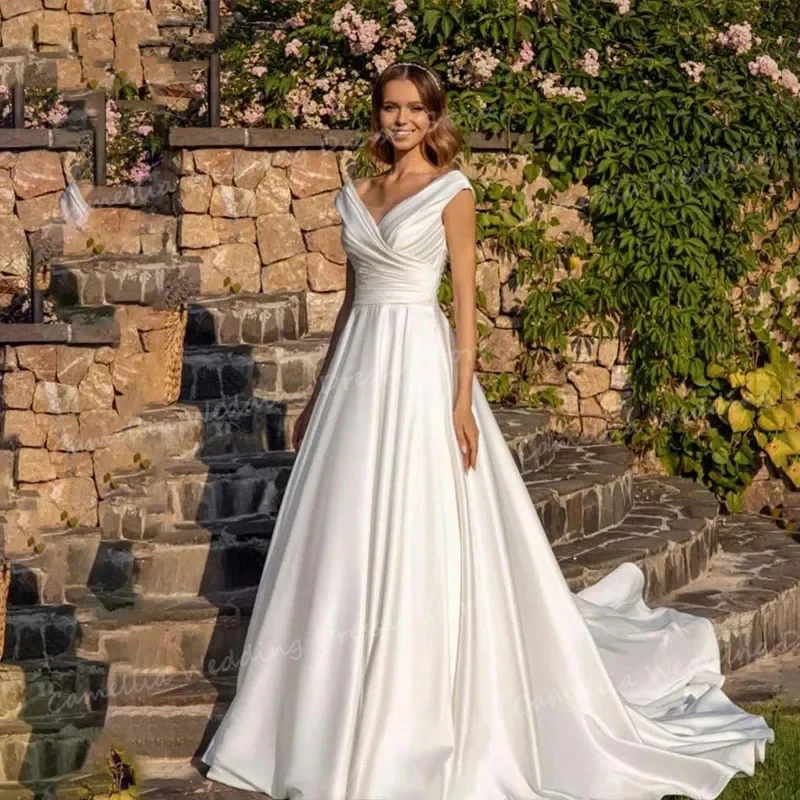 Classic Pleat Satin Wedding Dresses  A Line Sexy V Neck Sleeveless Backless Women's Bridal Gowns Elegant Sweep Train Vestidos