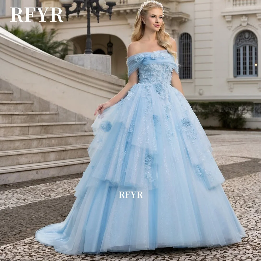 

RFYR A Line Prom Dress Off Shoulder Evening Dress Lace Applique Party Dress for Princess Robe vestidos fiesta Customized