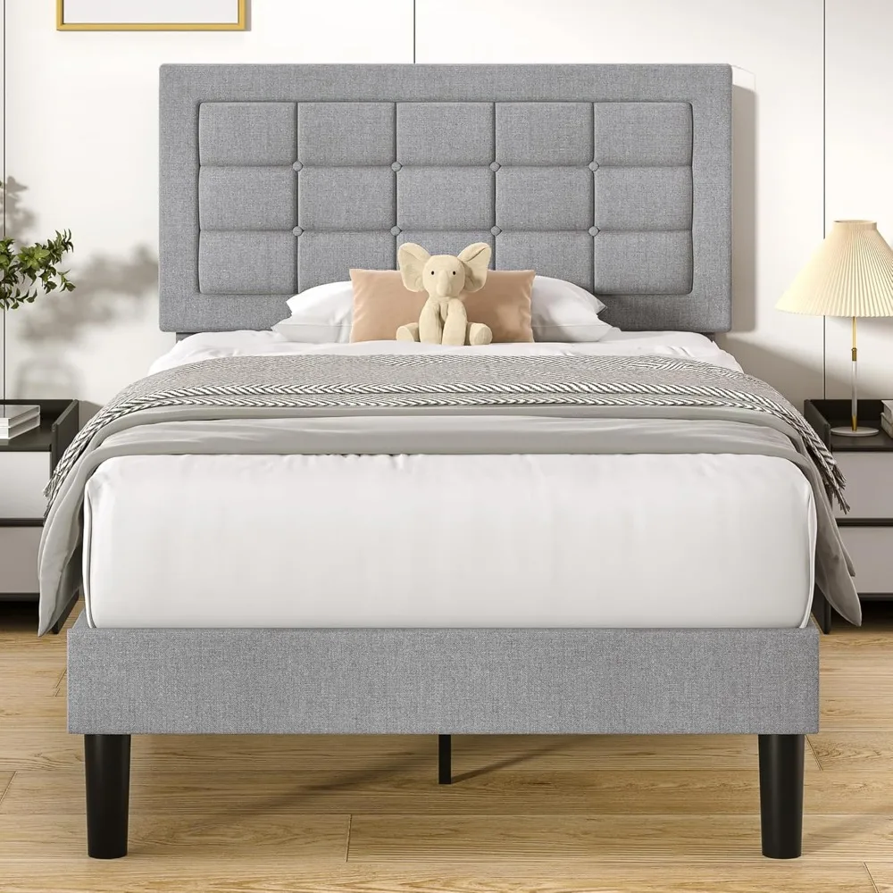 VECELO Twin Size Bed Frame with Adjustable Headboard, Upholstered Button Tufted Platform Bedframe with Wood Slats Support, No Bo