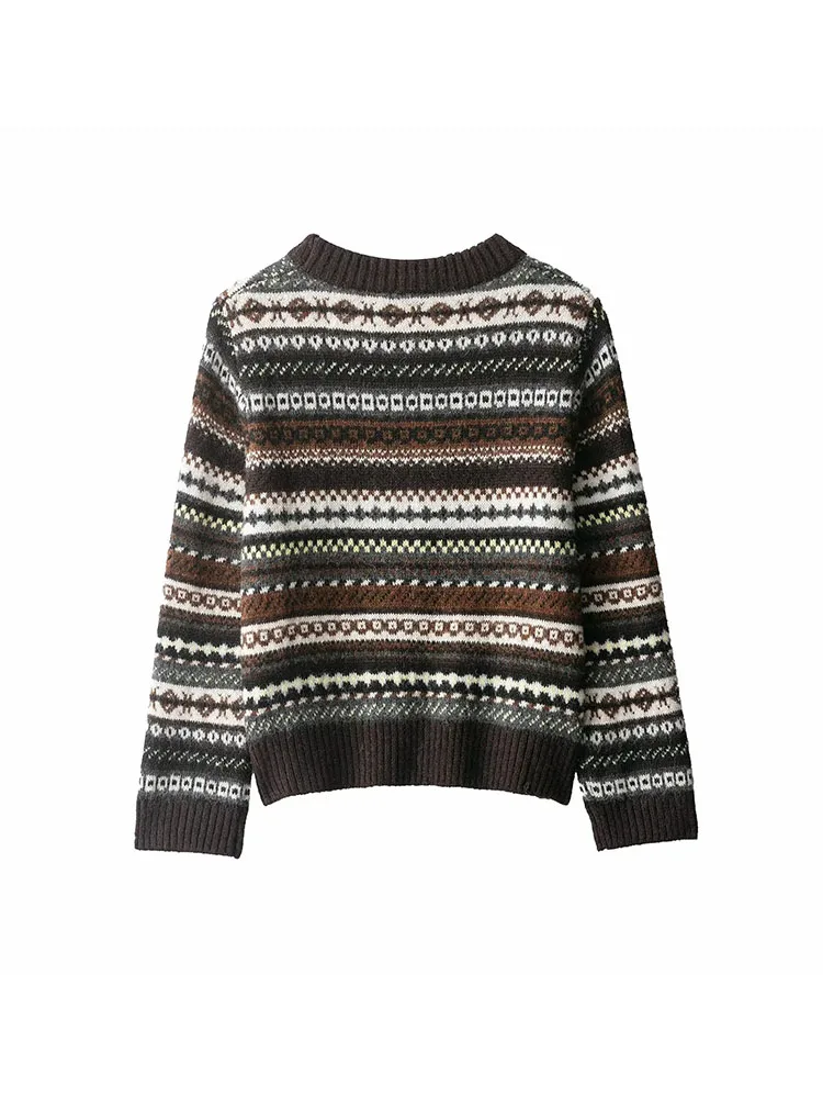 Mulheres outono inverno retro cashmere jacquard o-pescoço camisola de malha elegante senhora todos os jogos manga longa pulôver jumper topos