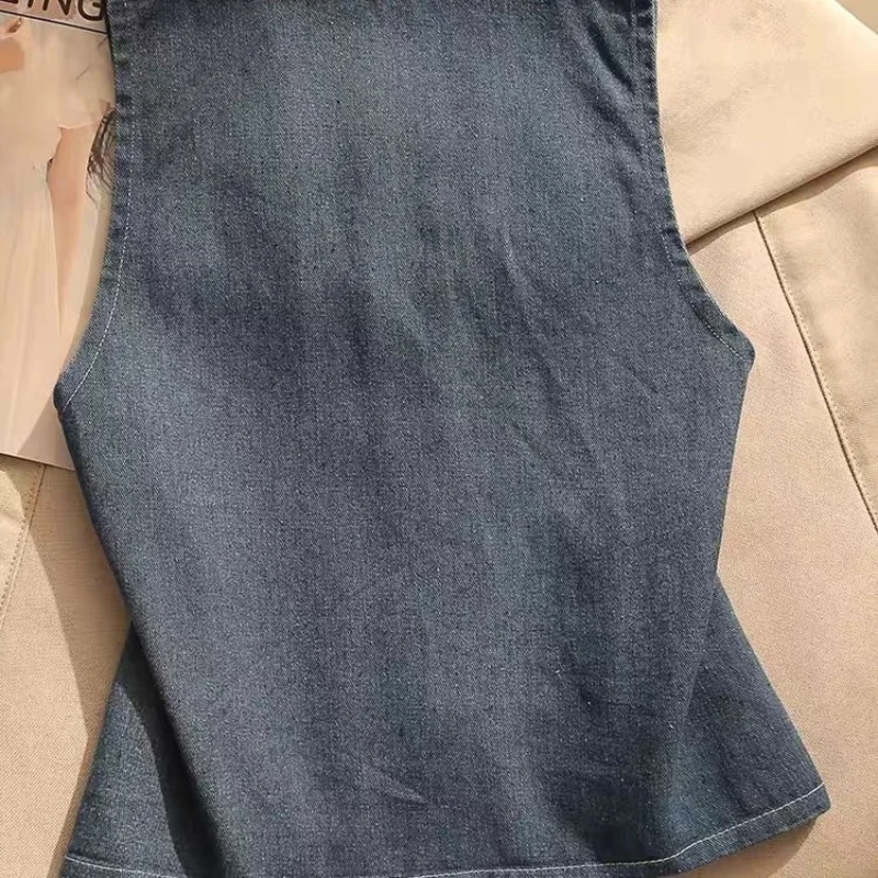 2024 New Summer Sweet Fashion Versatile Thin Tank Top Sleeveless Slim Fit Solid V-neck Pocket Irregular Women\'s Jackets Top