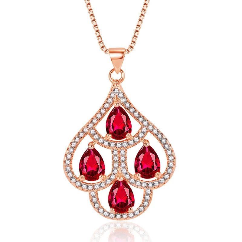 

Top Quality RoseGold Color Women Necklace Luxury Ruby Zirconia Pendant Necklaces For Women Anniversary Party Best Jewelry Gifts