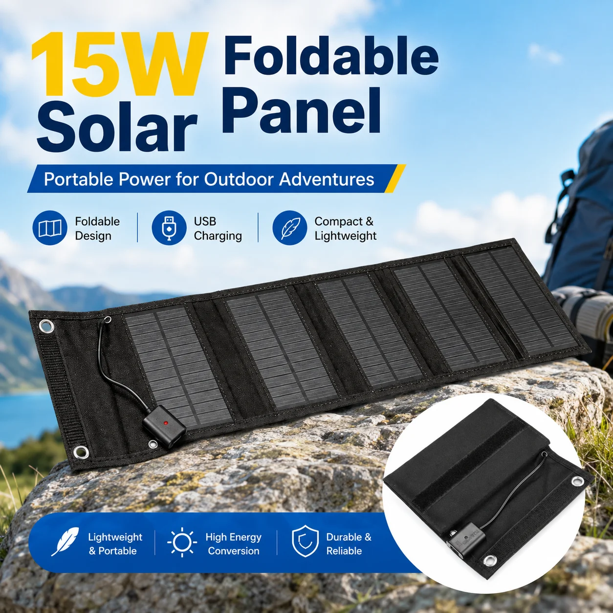 15W Foldable Monocrystalline Solar Panel, Portable Solar Charger for Phone Laptop Power Station Outdoor Camping RV Trip