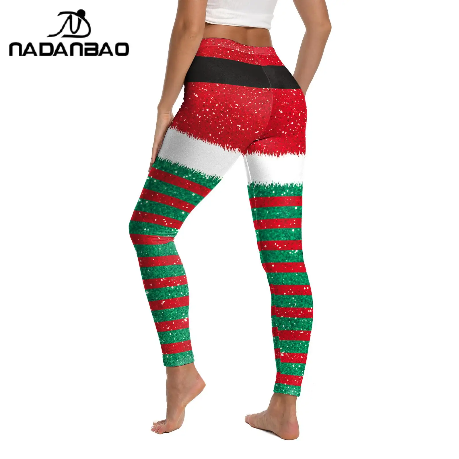 NADANBAO Women Ugly Christmas Leggings String Light Pattern Pants Red Green Stripe Leggings Fitness Workout Trousers Party Gifts