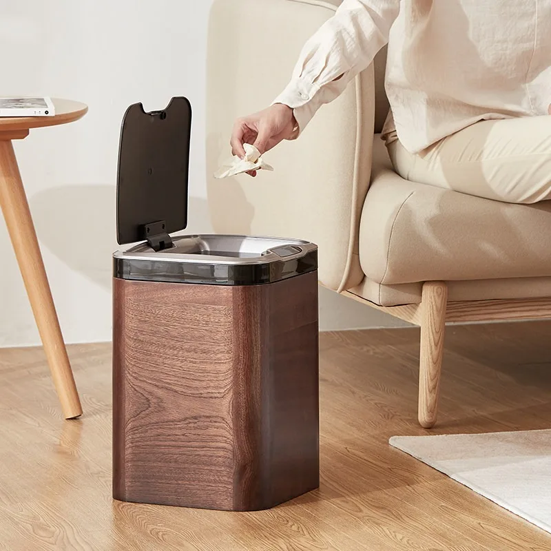 

Automatic Sensor Trash Can Luxury Smart Trash Bin Wooden Kitchen Litter Bins Living Room Bedroom Rectangular Dustbin with Lid