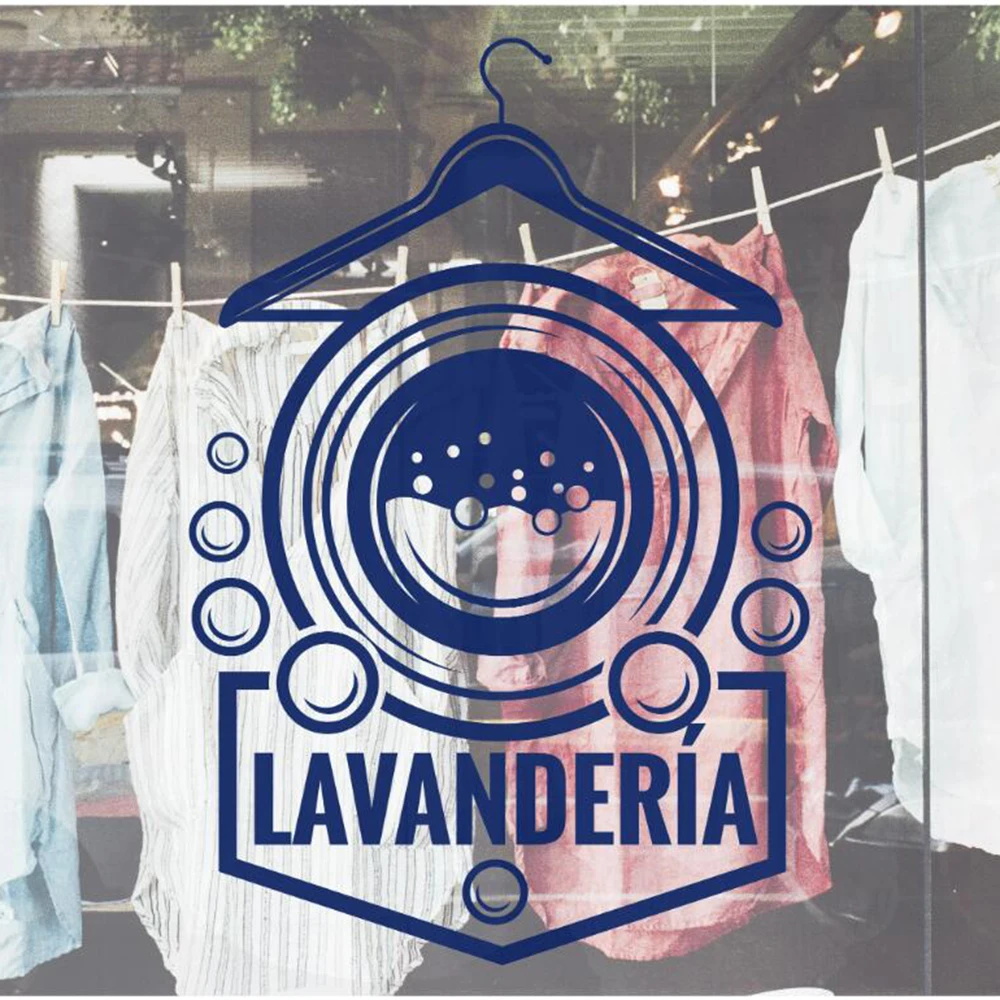 Spanish Lavandería Laundry Elements In A Circle Widnow Wall Sticker Decal Washer Dryer Label