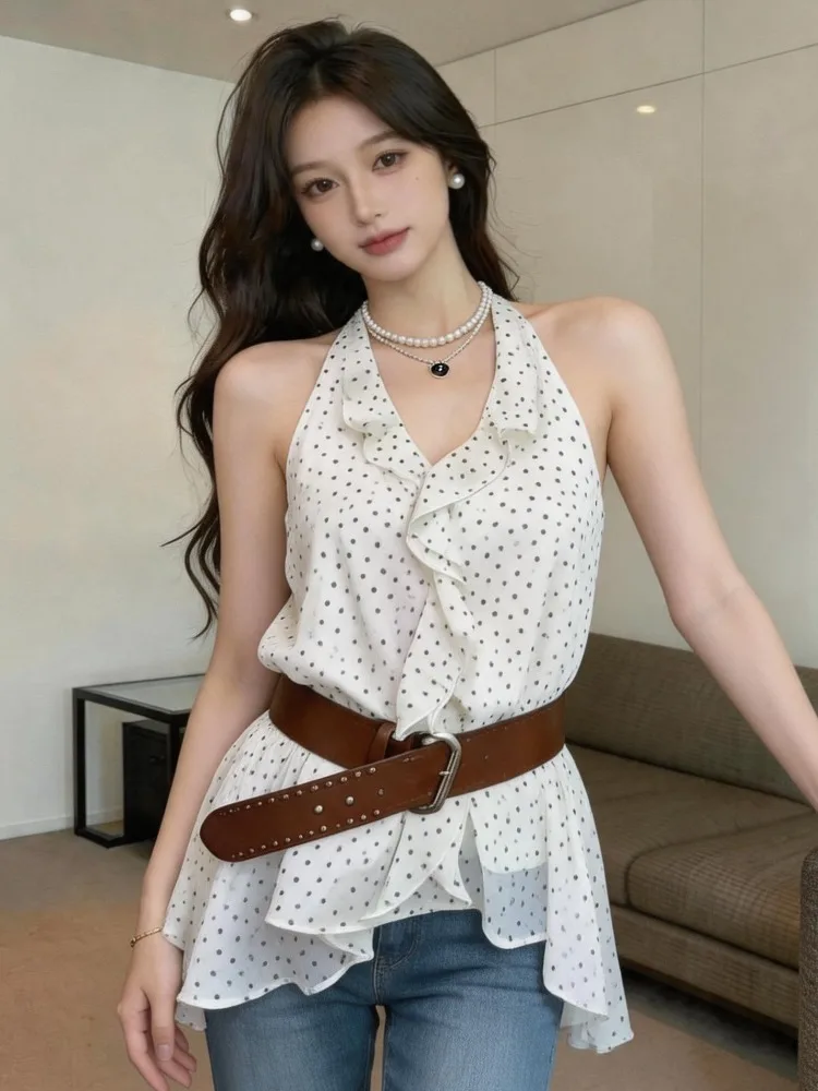 

Korean Style Polka Dot off Shoulder Ruffle Sleeveless Fashionable Shirt Summer New Loose Slimming Versatile Small Top Women