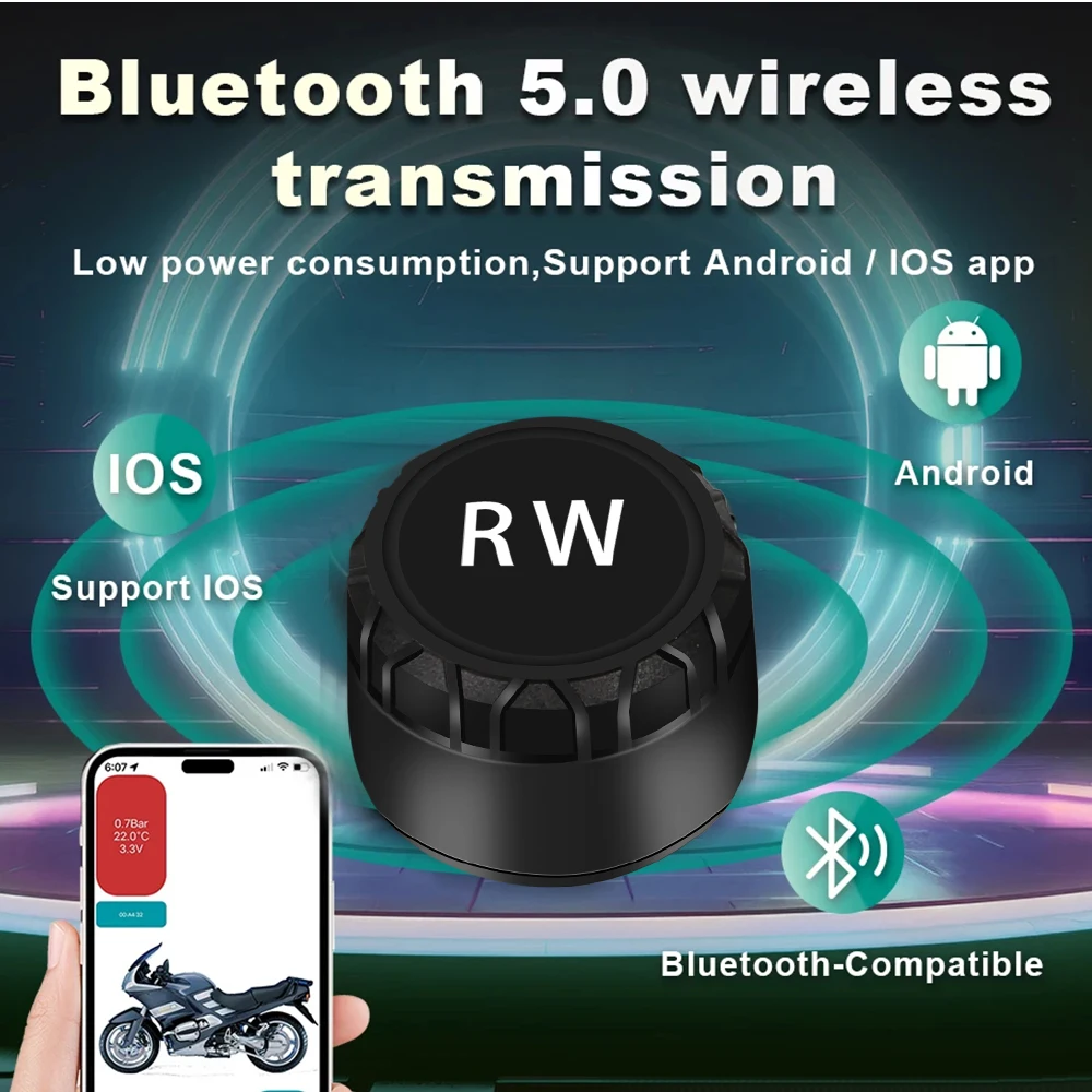 Sensori di pressione dei pneumatici per moto sistema di monitoraggio TPMS con 2 sensori esterni per motore compatibile con Bluetooth Android/IOS