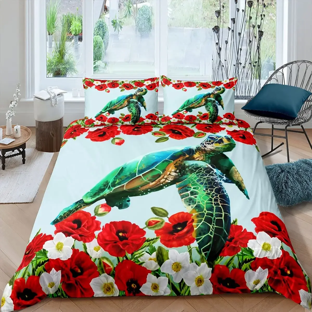 Sea Turtle King Queen Full Duvet Cover Sunflower Bedding Set Tie Dye Comforter Cover Floral Ocean Reptile Polyester Quilt Cover