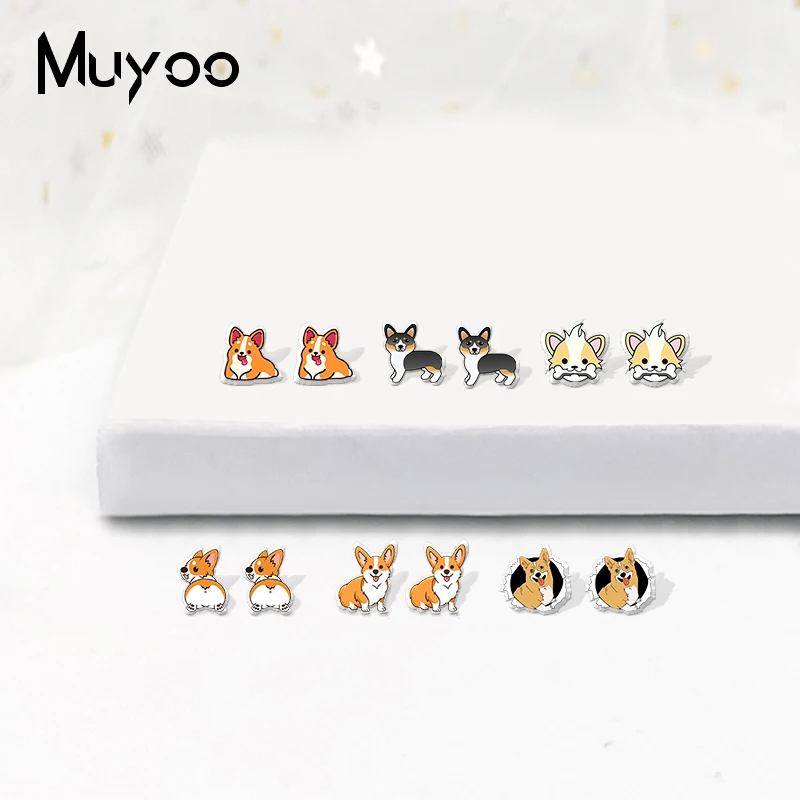 New Fashion Corgi Animal Cute Dogs Cartoon Acrylic Epoxy Resin Earrings Funny Puppy Pets Corgi Dogs Handmade Earrings