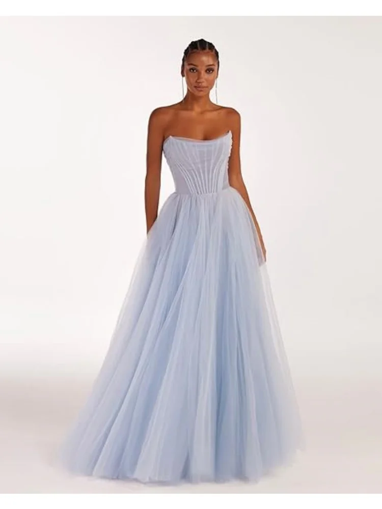 

Женские длинные платья для выпускного вечера из тюля, пышные бальные платья трапециевидной формы, плиссированное вечернее платье без бретелек