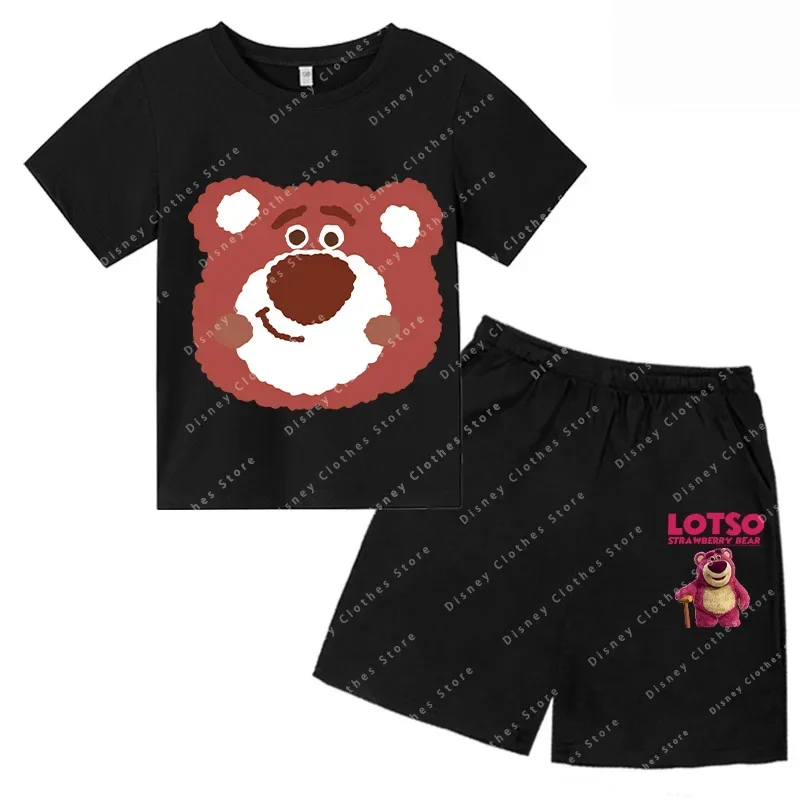 New cartoon Pink Strawberry Bear Kids Short Sleeve T-shirt Fashion 2024 Summer Fashion Casual Anime kids T-shirt Set