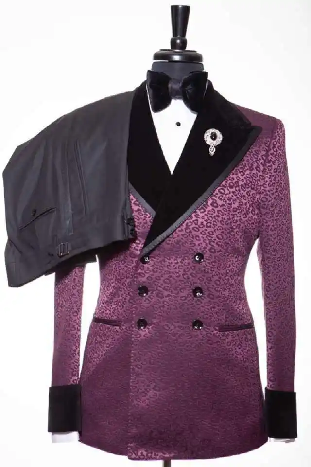 Trendy Leopard Print Men's Two-Piece Suit Double-Breasted Peak Lapel Velvet Collar Formal Set for Luxury Occasions Customized