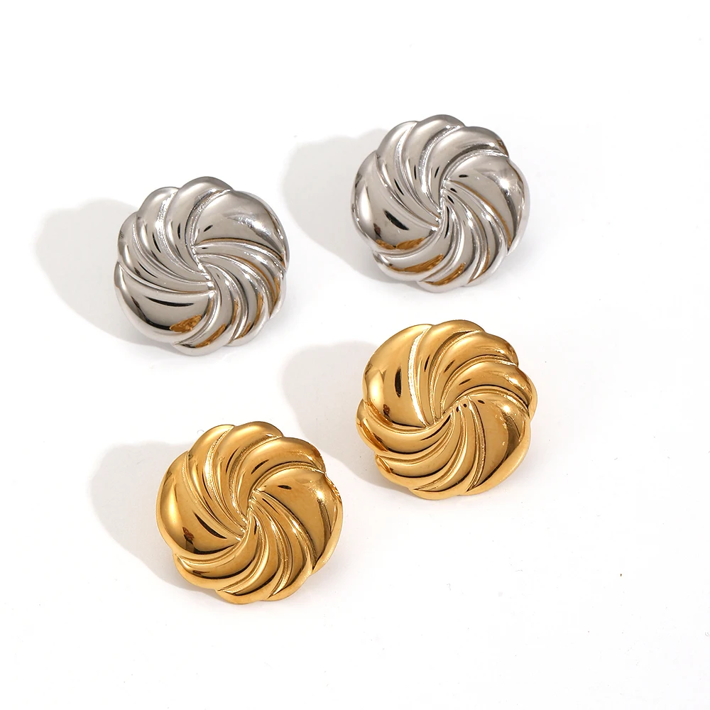 Vintage Round Irregular Twisted Stripe Stud Earrings for Women Gold Plated Stainless Steel Daily Jewelry