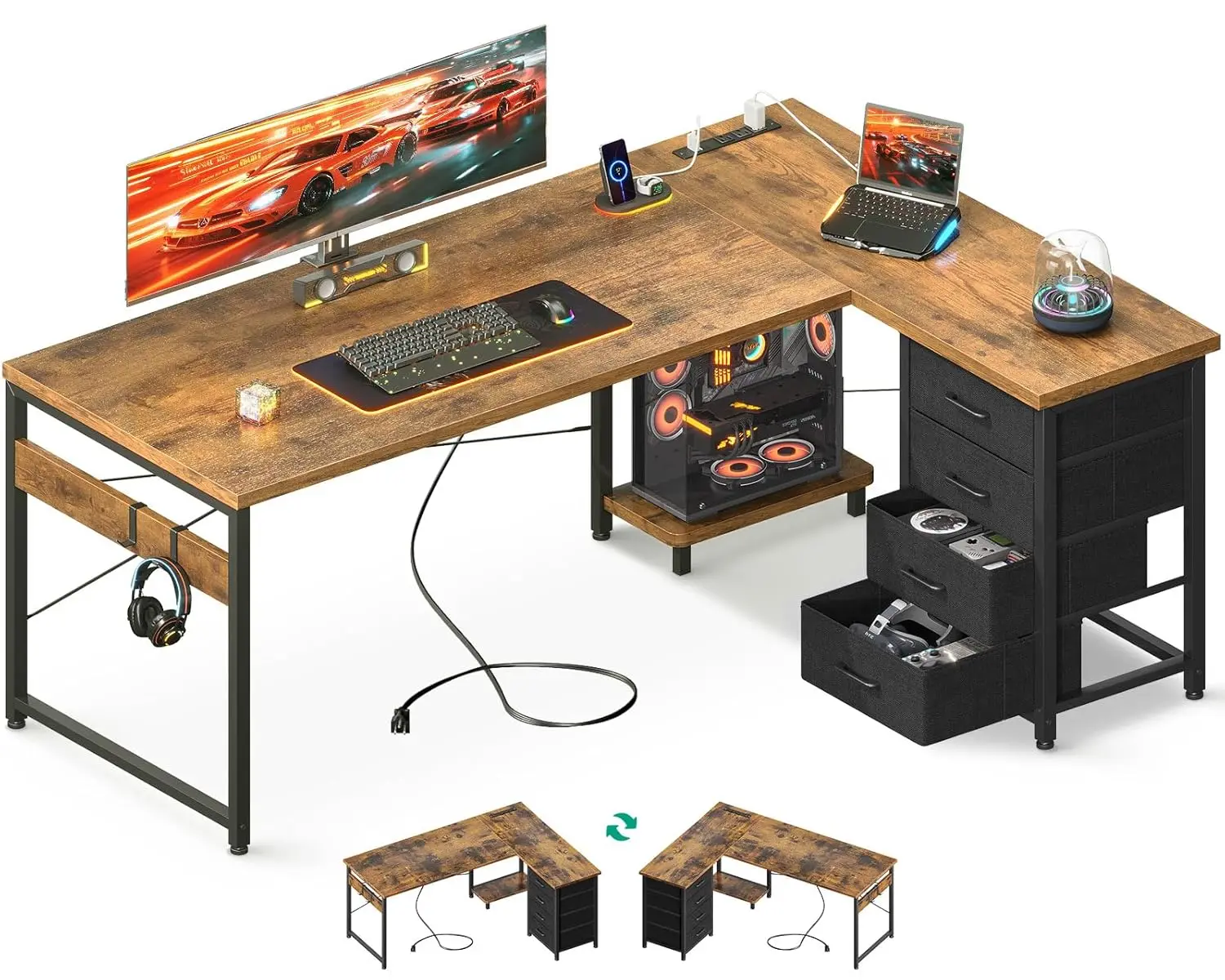 

Угловой стол L-образной формы 61 дюйм с 4 ящиками, реверсивный, с местом для хранения, игровой стол с розетками и USB-портами, на заказ