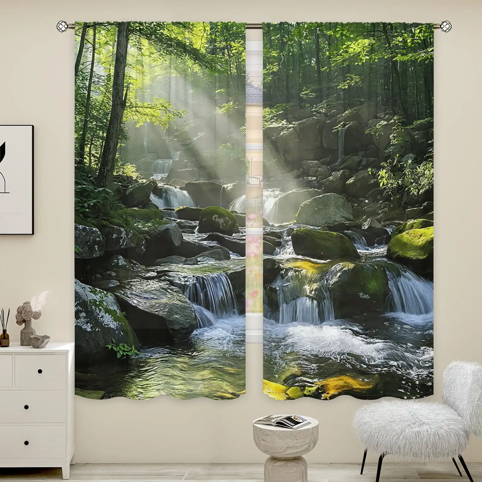 2pcs Curtains Peach Skin Polyester Serene Forest Natural Landscape Light Filtering Window Bedroom Living Room Home Decor